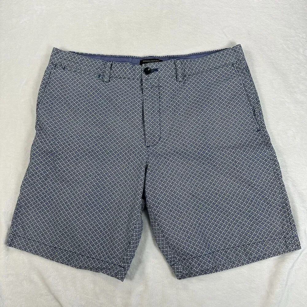 Banana Republic Aiden Mini Print Shorts Men’s 36 Blue Geometric Flat Front Chino